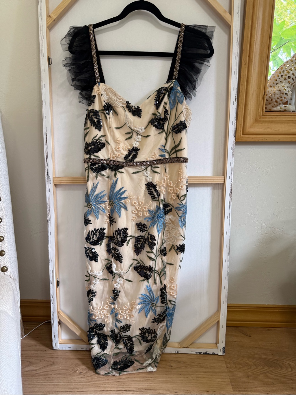 Lulu's Beige Slip Dress With Black Sequin & Tulle Details
